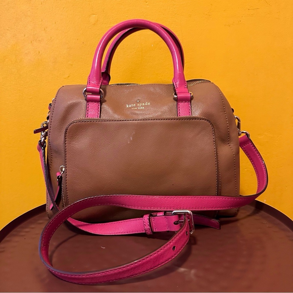Kate Spade Pink and Tan Zippered Satchel with Crossbody Strap